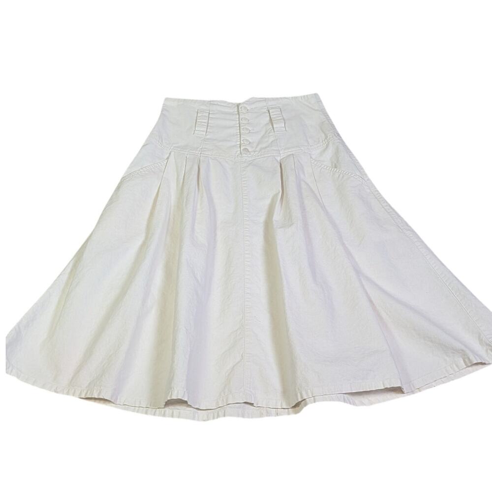 Vintage 90s White Cotton High Waist Pleated Midi Skirt Corset Yoke Waist 9/10